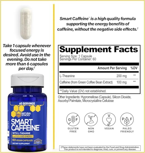 Image of NATURAL STACKS Smart Caffeine Pills - 100mg Caffeine + 200mg L-Theanine Supplement - Supports Energy and Focus - No Jitters and No Crash - 60 Capsules
