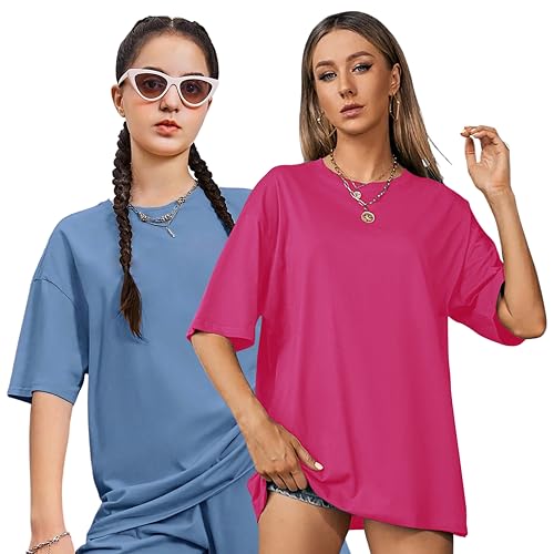 Image of London Hills Women's Cotton Loose Casual Round Neck Solid, Drop Shoulder T-Shirt Pack of 2