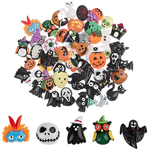 50 Pieces Halloween Flatback Buttons Resin Flat Back Button Halloween Pumpkin Ghost Bat Cat Resin Flatback Button for DIY Crafts Making Scrapbooking Decoration, Mix Assort