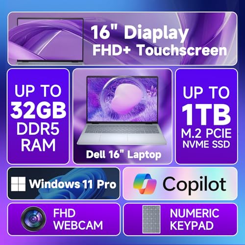 Dell 16-Inch Touchscreen Laptop Computer – Intel 10-Core 7 150U, 64GB DDR5 RAM, 2TB SSD, 16" FHD+ Anti-Glare, Ai Copilot, Fingerprint, Backlit KB, Win 11 Pro, for Business & Student, w/Accessories