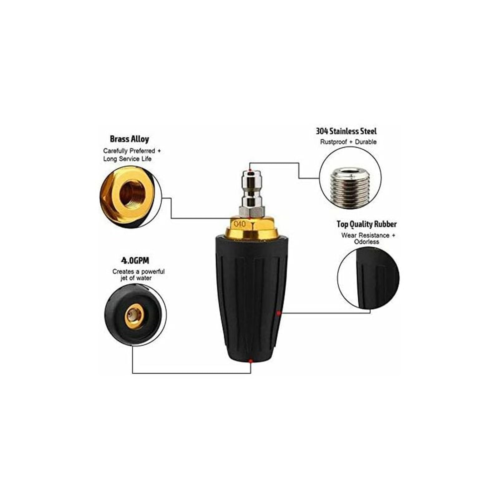 Buse turbo pour nettoyeur haute pression, buse rotative et 7 pointes, raccord rapide 1/4', 4000 Psi, kit jet pour nettoyeur haute pression, rotabuse haute pression，Noir