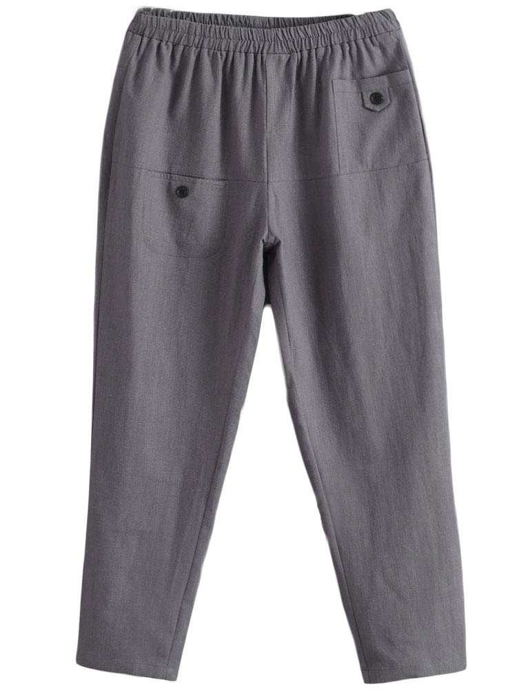 MinibeeWomen's Elastic Waist Casual Crop Linen Pull On Pants