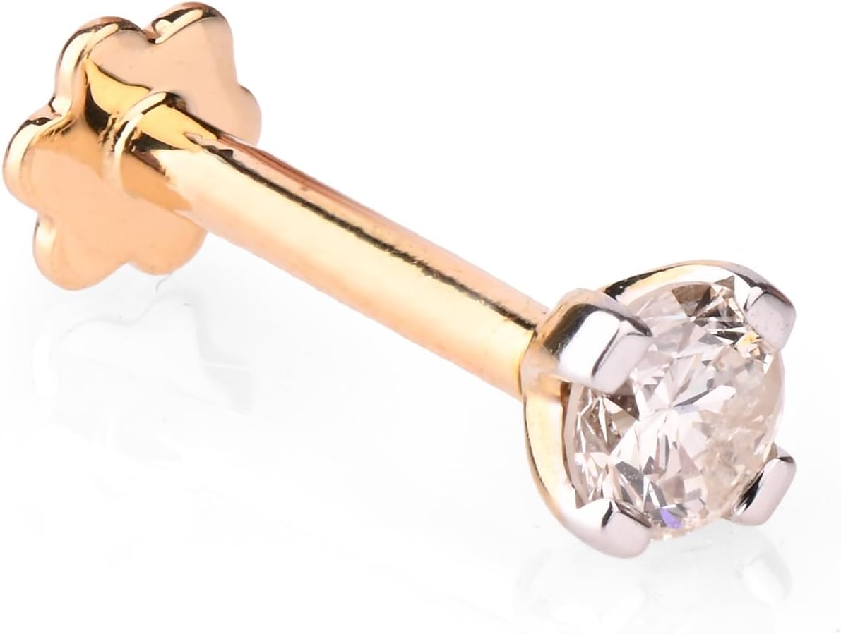 Real Diamond Nose Stud 14K Yellow Gold Nose Ring Internally Threaded 8 MM Screw Back HI Color