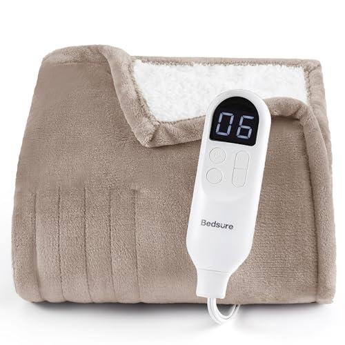 Bedsure Heated Blanket Throw Blanket - Fast Heating Electric Blanket, Soft Flannel Throw with 6 Time Settings(Up to 10H), 6 Heating Settings, Gifts for Grandma Grandpa Seniors (50'x60', Taupe)