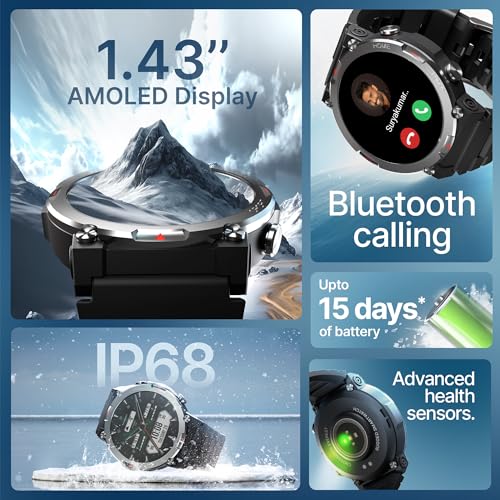 Image of CrossBeats Everest Smart Watch for Men 1.43 inch True AMOLED, Always ON Display Bluetooth Calling Rugged Outdoor Military Standard Certified Upto 15 Days Battery Life Smartwatch 100+ Sports Mode (Black)