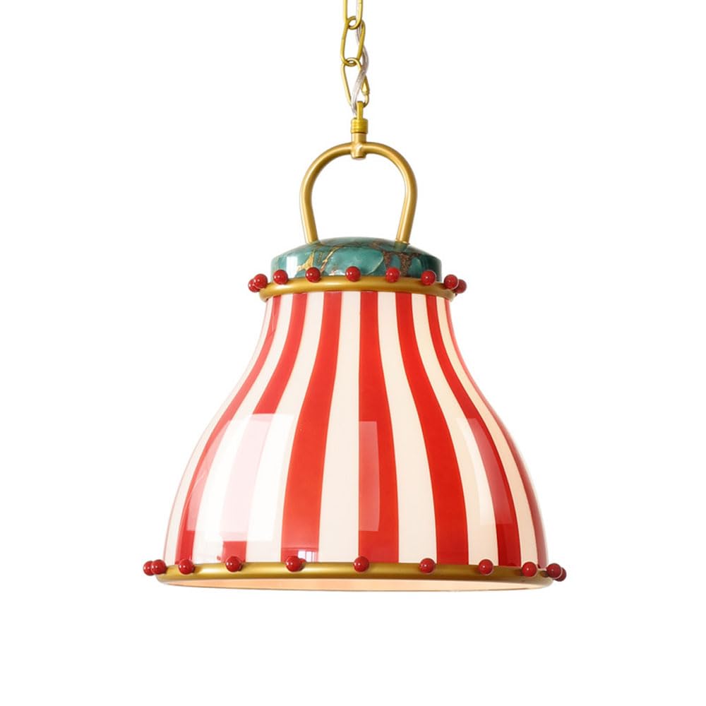 Lampa wisząca ze szkła w paski – czerwono-biały żyrandol w stylu vintage, oprawka E27 do salonu, wyspy kuchennej, przedpokoju