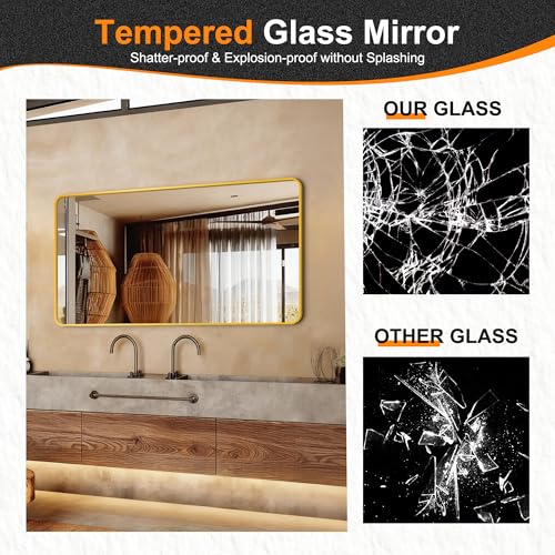 Image of Delma Bathroom Vanity Mirror, Gold Framed Mirror for Over Sink, 50x30 | HD glass, distortion-free for makeup and grooming, Sturdy frame, all mounting hardware, hangs horizontal or vertical