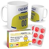 mundohuevo Pack regalo personalizado | Taza personalizada con nombre y número fútbol Villarreal + Caramelos divertidos | Regalo divertido, original y único para aficionados
