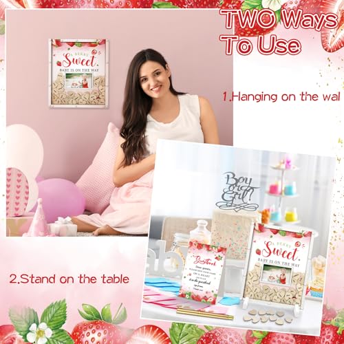 Image of Beeveer 65 Pcs Strawberry Baby Shower Guest Book Alternatives Baby Shower Sign in Guest Book Decoration with 1 Photo Frame 60 Heart Wood Slices for 60 Guests Strawberry Sonogram Frame Keepsake