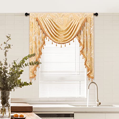 Elkca Damask Golden Jacquard Single Swag Waterfall Valance For Kitchen Living Room Rod Pocket Valance For Small Window,39Inch,1 Panel #TOP11
