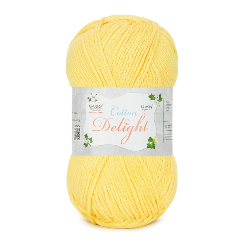 Image of Ganga Acrowools Cotton Delight, Dk Weight Cotton Yarn, Oekotex Class L Certified 100G, 169M, Pack of 1 Ball - 100gm Each, Shade No. - COD095 Butter Yellow