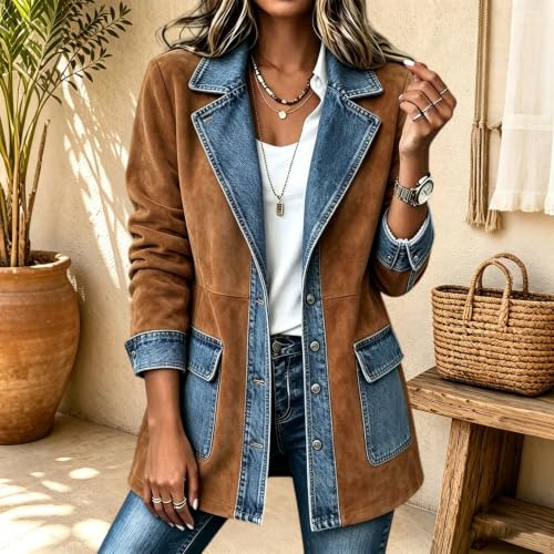 Faux Suede Denim Patchwork Jacket Women Barn Jean Blazer Brown - image 4