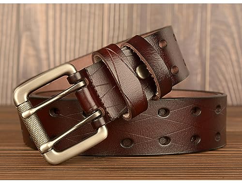 Men Double Prong Leather Belt 1.5" Wide Genuine Leather Double Grommet Holes Retro Casual Work belt for Jeans Pants4