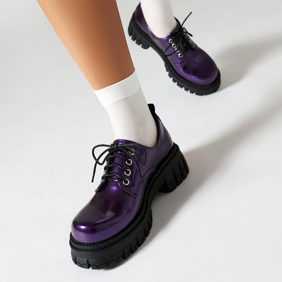 Image of Women's Patent Leather Platform Chunky Loafers Perforated Lace-up Round Toe Wingtip Oxford Shoes Non-Slip Lug Sole Brogue Dress Shoe