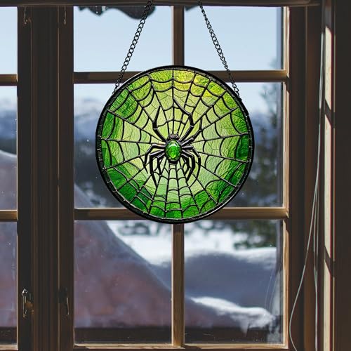 Image of Glass Window Hanging - Black Green Horror Spider Web Suncatcher for Doors Garden Patio Sun Catchers Decor Christmas Halloween Birthday Gifts for Women Men Mom Nana Friend 15 in