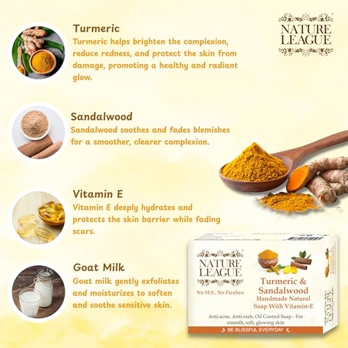 Image of TURMERIC & SANDALWOOD Handmade Soap, SLS & Paraben Free, Natural Skincare Cleanser Bar for Face & Body, Moisturizing, Gentle & Refreshing, Ideal for Everyday Use, Pack of 1 (100 gms)