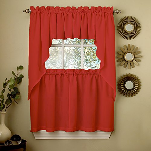 Image of Sweet Home Collection 5 Pc Kitchen Curtain Set-Valance Swag Choice of 24 inch or 36 inch Tier Pair, Ribcord Red