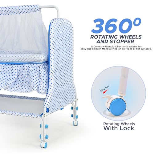 Image of BUBBLEBABY Baby Cradle | Jhula | Baggi | Palna | Ghodiyu | Ventilated | with Swing & Mosquito Net | 0-12 Months | Four Wheels with Brake | Storage | Polypropylene | Safe & Sturdy | Foldable | Blue