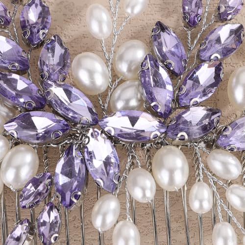 Peine para cabello nupcial con perlas y cristales morado miniatura 4