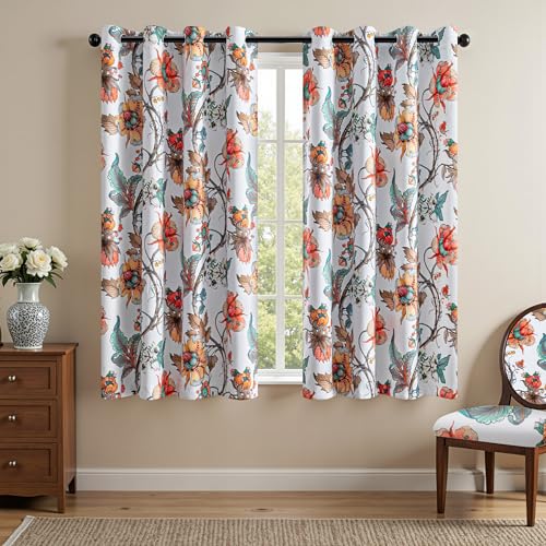 Image of MYSKY HOME Floral Blackout Bedroom Curtains 54 inches Long for Small Window Botanical Thermal Insulated Light Blocking Grommet Country Window Panels for Home, 2 Pcs, Greyish White, 52 inch Wide