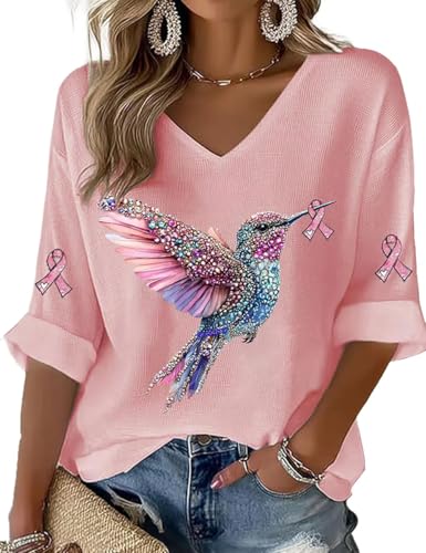 Breast Cancer Hummingbird Ribbon Shirt We Wear Pink T-Shirt in October Pink Ribbon Tee for Women
