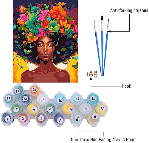 Image of Clendo DIY African Woman Paint by Numbers for Adults Canvas, Flowers and Girl Paint by Number Kits on Canvas - Frameless Oil Painting Kits Arts and Crafts for Home Decor Present 16x20 inch