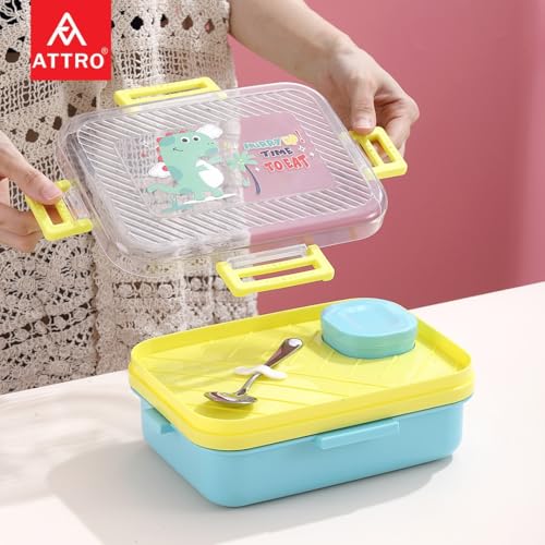 Image of ATTRO Monark Dinosaur Themed Kids Lunch Box with Inner Steel 3 Compartment 1 Small Container, Stainless Steel, 1 Spoon & Separate Internal Lid Leakproof- 750ml+70ml Yellow