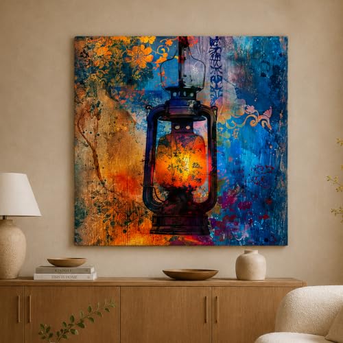 Image of PAINTINGMANTRA Vintage Lantern Artwork Stretched Canvas Painting for Living Room | Rustic Abstract Lantern Wall Decor Art For Livingroom, Bedroom, Office, Hallways - 34x34 Inch