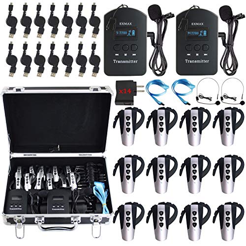 EXMAX® EXD-6824 Wireless Tour Guide System for Tour Guiding Simultaneous Translation Museum Visiting Coaching Church Assistive Listening System (EXD6824-2T12R+SilverCase)