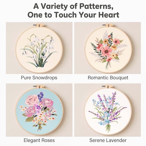 Image of Harimau Adult Beginner Embroidery Starter Kit, Complete Set with 4 Patterns, 2 Hoops, Needles, Scissors, Instruction Guide & Stitching Video Tutorials