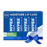 NIVEA Moisture Lip Care, Hydrating Lip Balm with Shea Butter, Nourishing Oils and Vitamin C & E, 3-in-1 Moisture, Repair and Nourish, 0.17 Oz Stick, Pack of 4