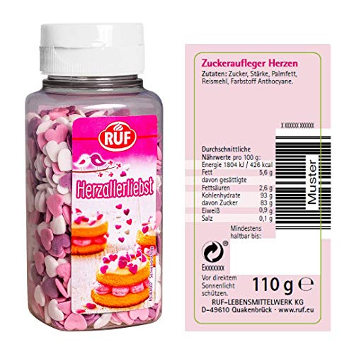 RUF Herzallerliebst Zucker-Herzen, essbares Streu-Dekor in Herz-Form, mini Streu-Herzen, Verzieren von Torten & Kuchen, vegan & glutenfrei, 1 x 110g