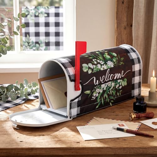 Image of Tiamon Mailbox Covers Magnetic Welcome Letter Box Wrap Standard Size 21x18 Inch Spring Leaves Mailbox Decor Summer Post Box Decoration for Outdoor Garden Yard(Checked)