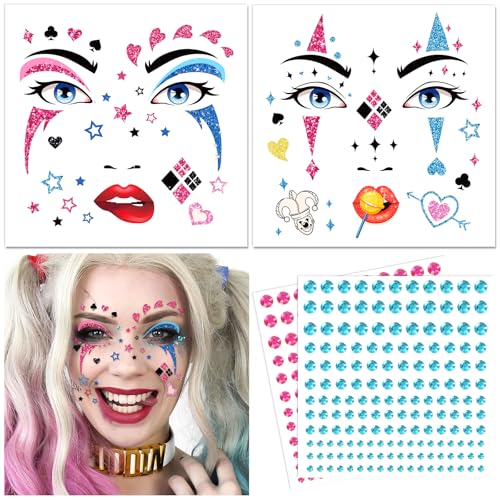 DPKOW Harley Quinn Acessórios faciais para Halloween, carnaval, disfarce, tatuagens temporárias, pedras de brilho, maquilhagem facial, festa temática, cosplay