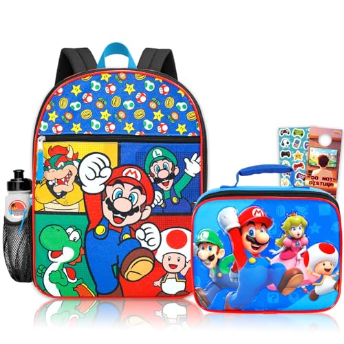 Conjunto de mochila e lancheira Mario – Pacote com mochila de videogame de 41 cm, lancheira, adesivos, garrafa de água, mais | Bolsa escolar Super Mario para meninos, crianças