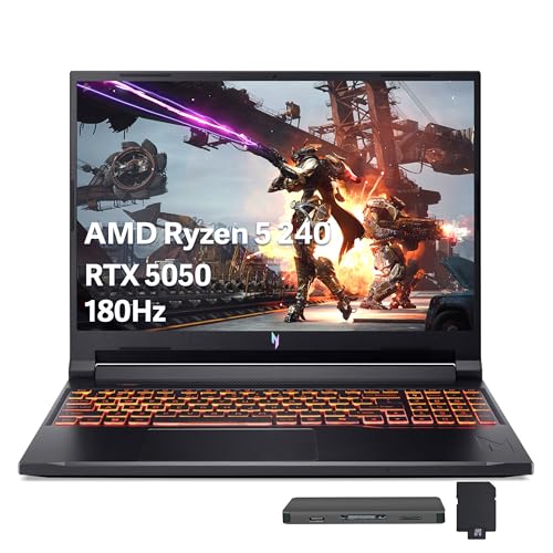acer Nitro V 16 AI Gaming Laptop, 16' WUXGA 180Hz Display, AMD Ryzen 5 240, GeForce RTX 5050 8GB GDDR6, 16GB DDR5, 1TB SSD, Backlit Keyboard, Copilot, Win 11 Pro, Black, 1TB Docking Station Set