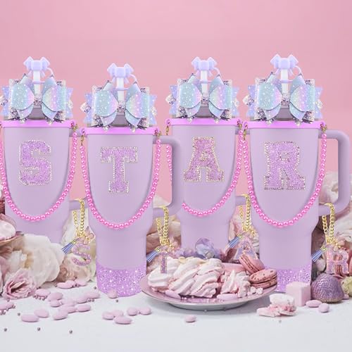 Hpebl 9PCS Purple for Stanley Cup Accessories Set Bling Initials Bow Charms for Stanley Decorations 30/40 Oz Tumbler Accessories Including Bow Straw Topper, Handle Strap, Spill Stopper（Letter R） - image 7