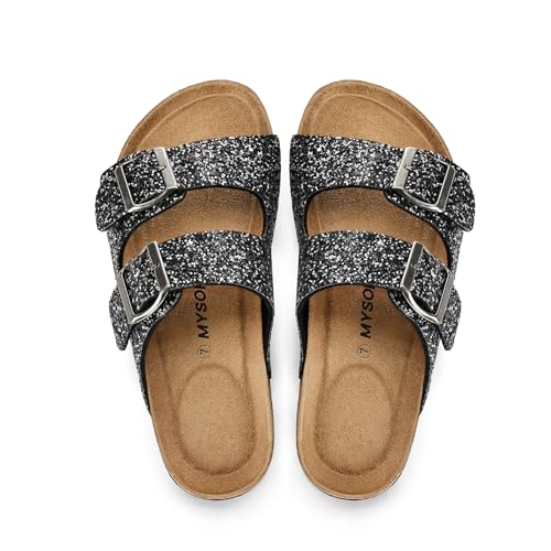 Image of mysoft Womens Flat Sandals Cork Footbed Slides with 2 Straps | Adjustable Buckle Slip On Comfortable Casual Light Weight Summer sandals