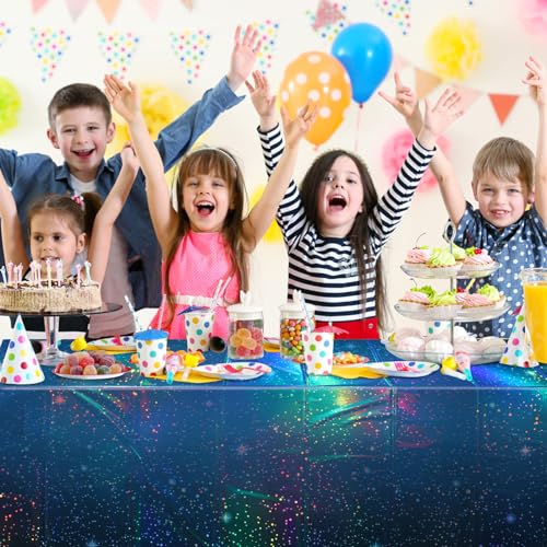 Image of 3Pcs Iridescent Space Tablecloths, Disposable Plastic Blue Galaxy Table Cloth Rectangle Table Covers for Space Starry Night Star Theme Party Birthday Party Decorations, 54x108 Inch