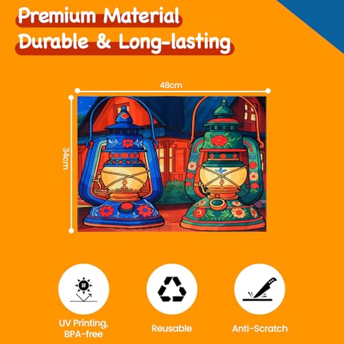 Image of Dining Table Mats Set of 2 - Lamp Diwali Theme,Digital Print, Washable, Indoor /Outdoor, Heat-Proof, Water Resistant, Wipe & Clean (47X33 cm) Green & Blue