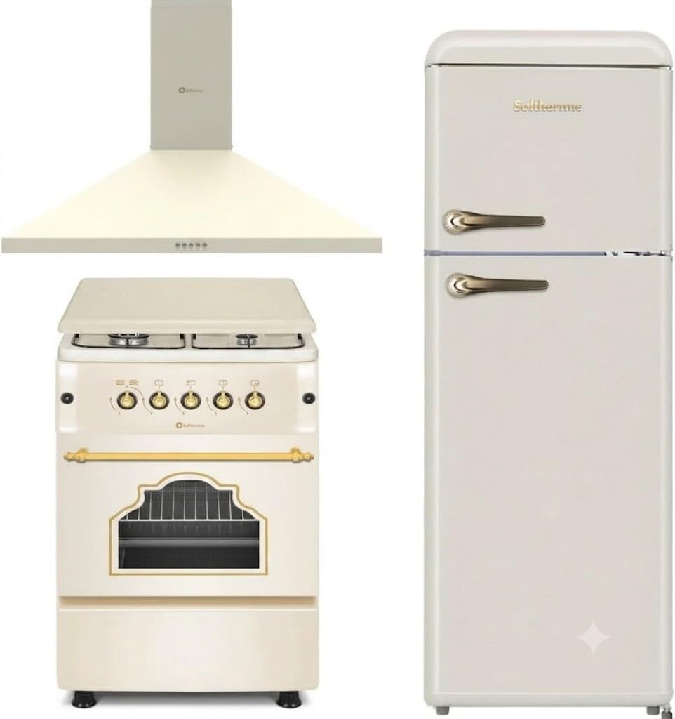 SOLTHERMIC PACK 3 EN 1 CREMA RÚSTICO COCINA GAS F5S40G2 4 JUEGOS HORNO AMPLIO + CAMPANA DECORATIVA 60 CM Y FRIGORIFICO 2P F2PR147C 1,47 x 55 gran capacidad de HASTA 220L y bajo consumo
