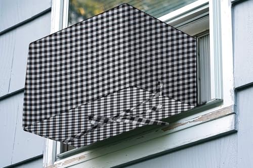 Image of The Furnishing Tree Elastic fit waterproof Polyester window ac cover suitable for Croma 1.5 Ton, Dustproof cover for inner and outer section, In CM: (67.31x66.04x45.72), Checkered Pattern White