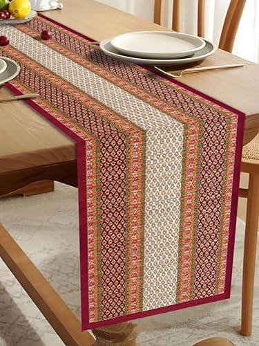 Image of Table Runner for 6 Seater Dining Table Centre Table 60 inch Handmade Reversible Heat Resistant | Korai River Grass Zero Plastic Madurkathi Eco Friendly | Rustic Boho | Maroon White Runner
