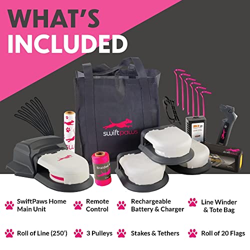 SwiftPaws Home Original Remote-Control Toy - For Dogs - Flag Lure Course - 30 mph - 10 Min Run Time - Includes Main Unit, Remote, 3 Pulleys, Battery, Charger, Flags, Line, Winder, Stakes, Tethers, Bag SwiftPaws Home Original Remote-Control Toy - For Dogs - Flag Lure Course - 30 mph - 10 Min Run Time - Includes Main Unit, Remote, 3 Pulleys, Battery, Charger, Flags, Line, Winder, Stakes, Tethers, Bag