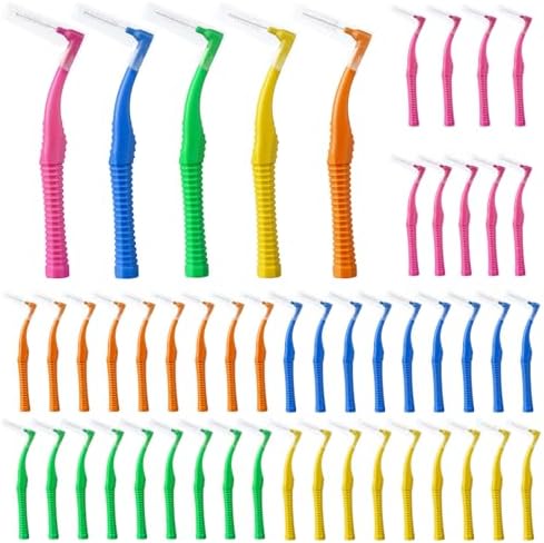 ACSKD 50 Count L Shaped Interdental Brushes, 5 Colors Braces Flossers, Gentle Toothpick Brush for Braces, Tight Spaces, Family Oral Care