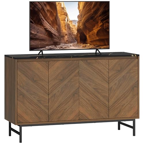 HOMCOM Meuble TV 120 cm, Meuble télé pour téléviseur jusqu'à 55 Pouces avec 4 Portes, Plateau Effet marbre, étagères réglables et Pieds en Acier, Banc...