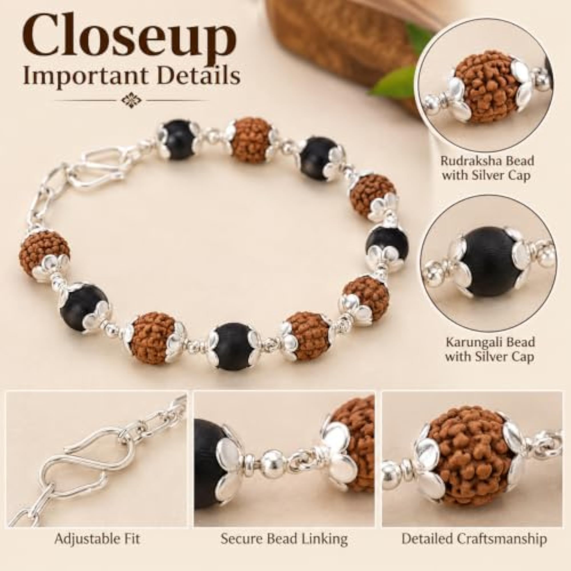 Women's 92.5 Silver Rudraksha Karungali Capped Adjustable Bracelet