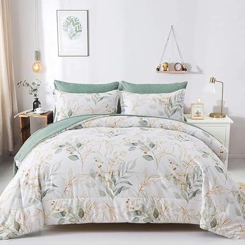 WONGS BEDDING Botanical Comforter Set Queen, 7 Pieces Green Reversible Bed in a Bag Floral Leaves Bedding Soft Microfiber Queen (1 Comforter,2 Pillowcase,2 Pillow Shams,1 Flat Sheet,1 Fitted Sheet) Cover