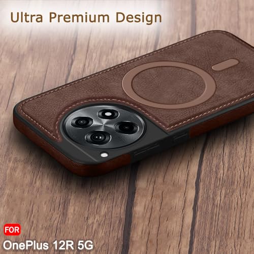 Image of TheGiftKart Genuine Leather Finish Back Cover Case for OnePlus 12R 5G | Shockproof Design | Raised Edges for Camera & Screen Protection | Stunning Minimalist Design Cover (MagSafe Compatible, Brown)