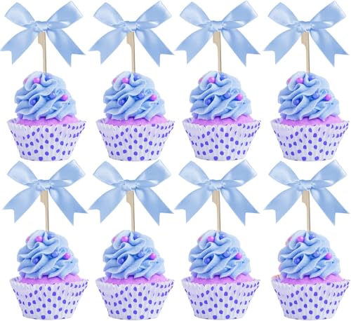 Bow Cake Topper Ribbons Bows Cupcake Toppers for Bow Party Decorations Coquette Birthday Decorations 20 Pack (Blue)